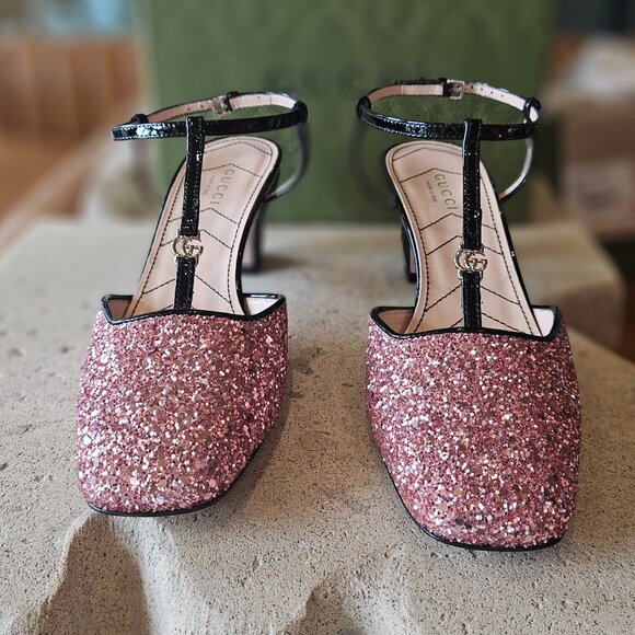 Gucci Pink Glitter Slingback Double G Pumps 55mm - Picture 2 of 8